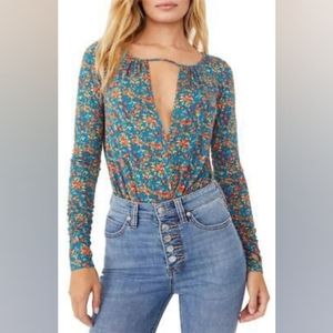 NWT Free People Kaya Print Cutout Bodysuit in Turquoise Combo Small